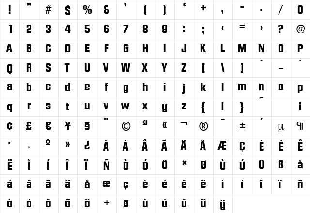 DiamanteSerial-Xbold Regular  glyph index