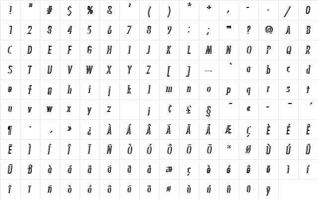 FuturaTLigConOblRe1 Regular  glyph index