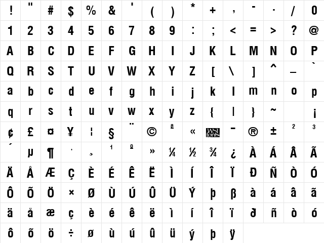 ArenaCondensed Bold  glyph index