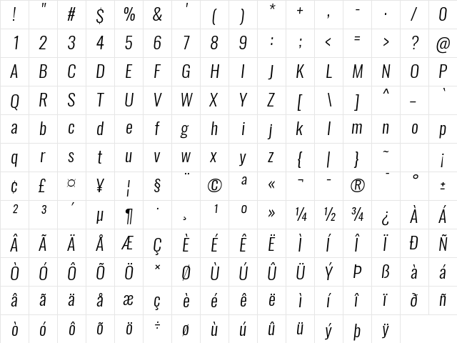 Oswald Light  glyph index