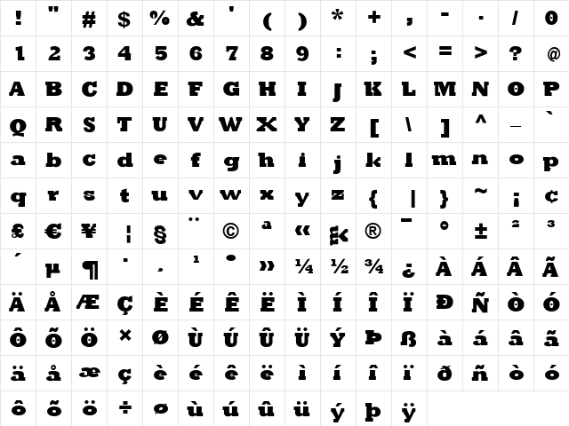 KleinSlabserifBlaxX Regular  glyph index
