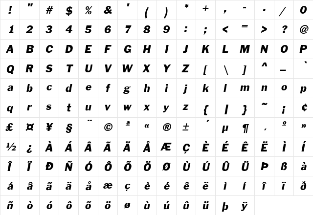 FranklinGothic-Oblique Regular  glyph index