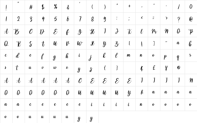 Valentime Regular  glyph index