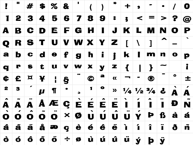 Alor Wide Bold  glyph index