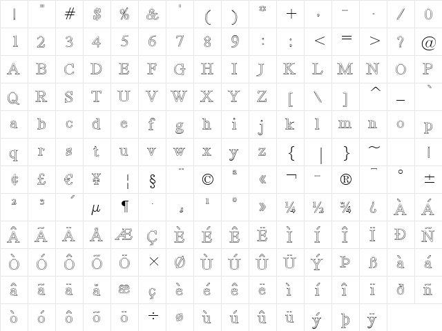 Revelation BTN Out Regular  glyph index