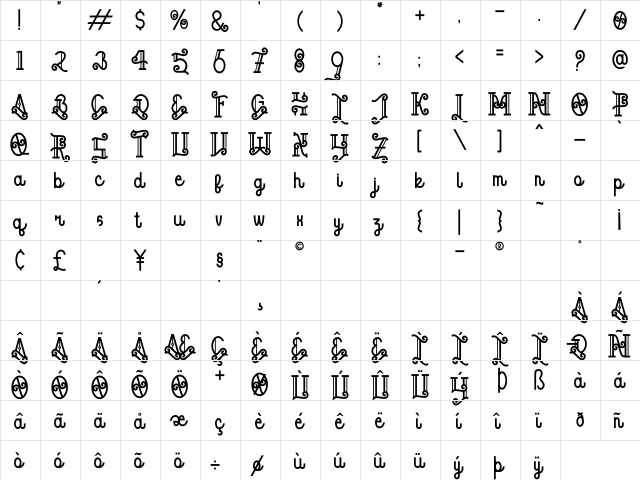 Bangilan Regular  glyph index