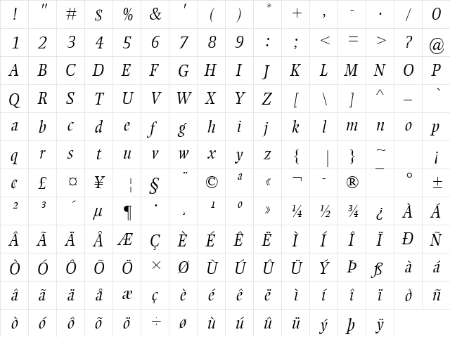Ellington MT Light Italic  glyph index