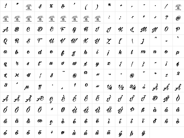 Milasian Circa Bold PERSONAL Regular  glyph index