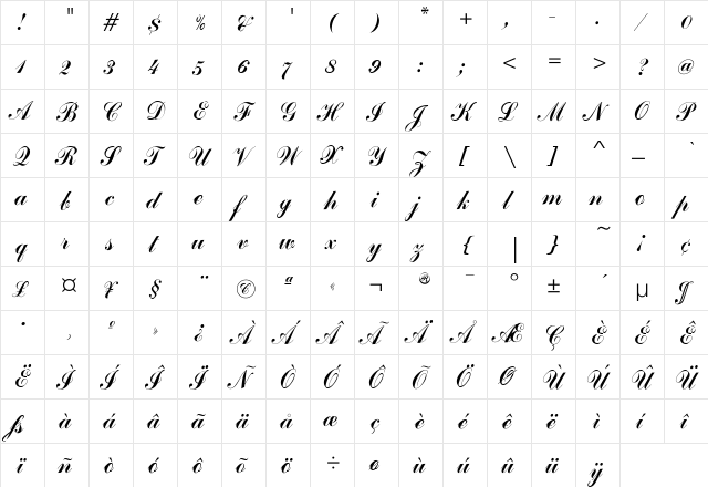 CommercialScriptEF Regular  glyph index