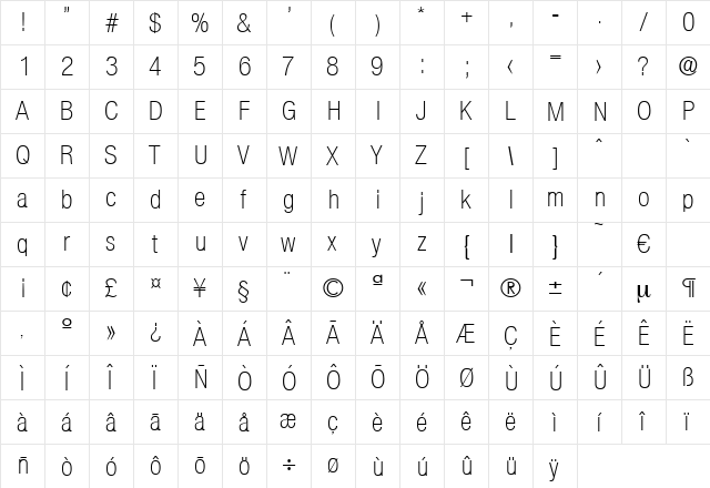 Olnova-LightCond Regular  glyph index