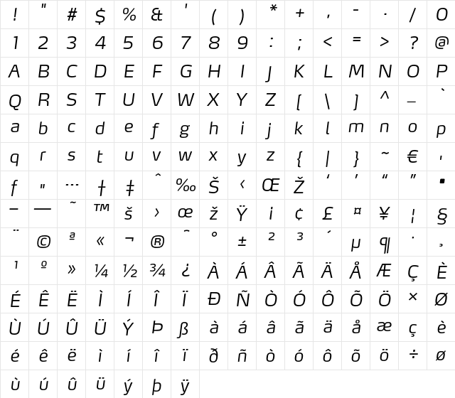 MaxLF-LightItalic Regular  glyph index