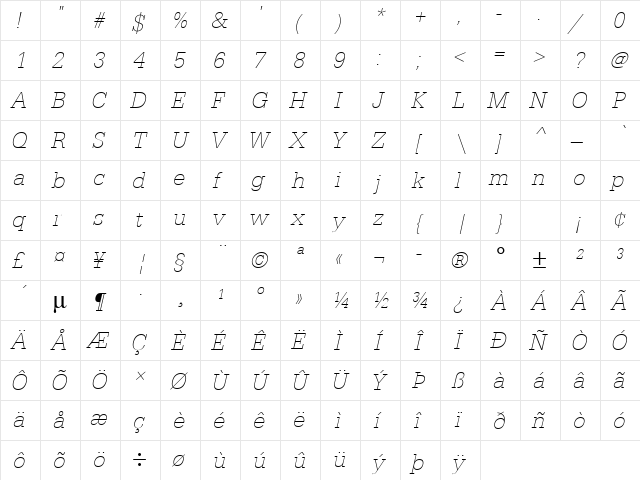 URWEgyptienneTExtLigNar Oblique  glyph index