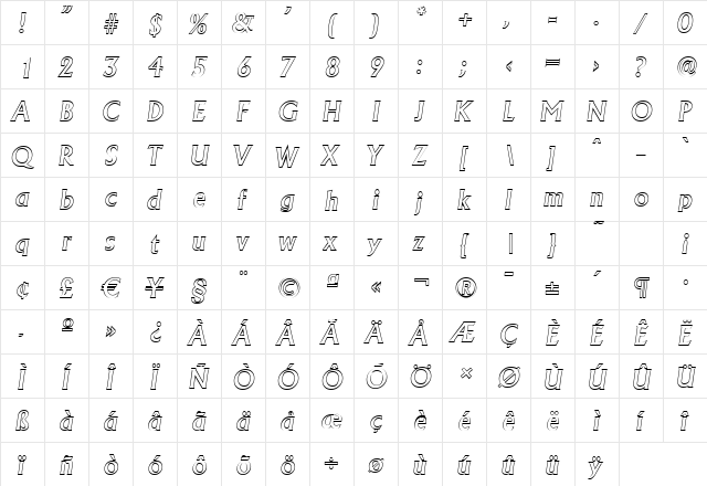 JacobBeckerOutline-Medium Italic  glyph index