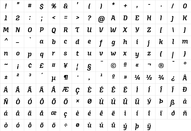 Alianza Italic 600  glyph index