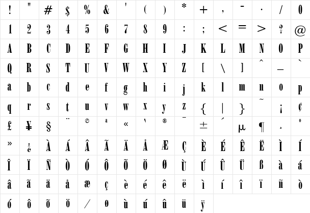 OPTIPosterBodoni-Compr Regular  glyph index