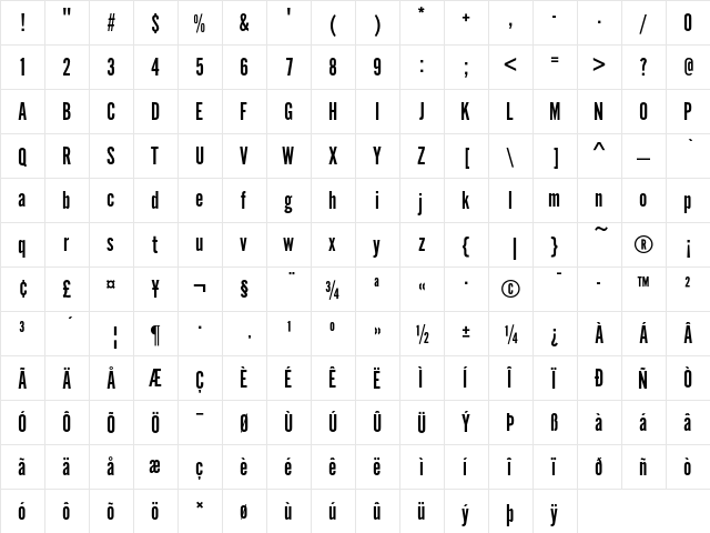 Alternate Gothic No1 D Regular  glyph index