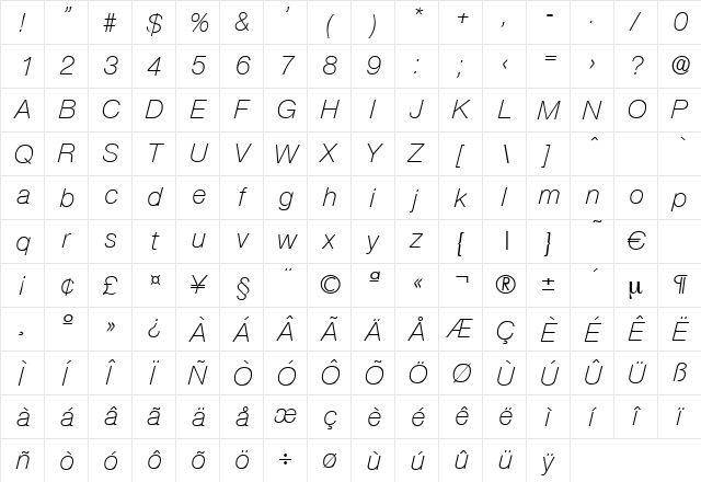 Olnova-LightIta Regular  glyph index