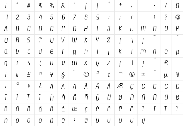 Pasadena-LightIta Regular  glyph index