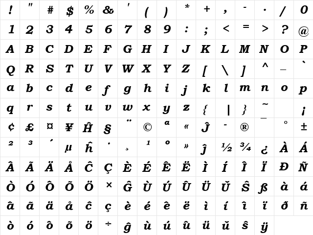 Bookman Old Style Eo Bold Italic  glyph index