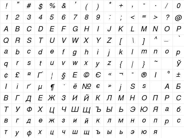 CyrillicEnglishSansSSK Italic  glyph index