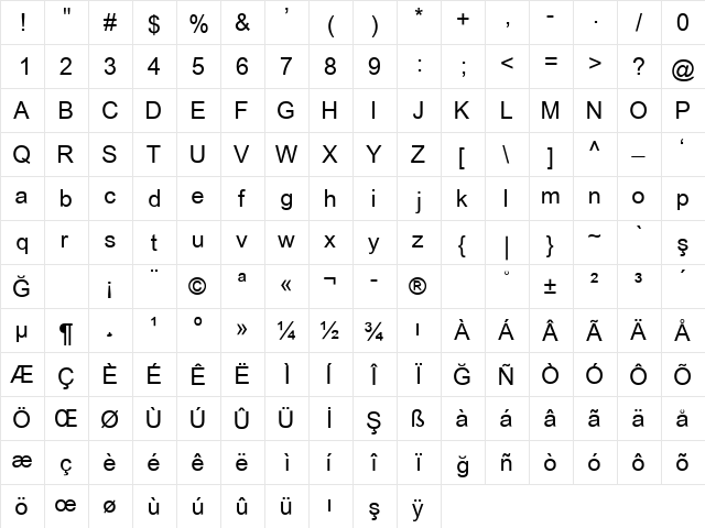 ArialMT Light  glyph index