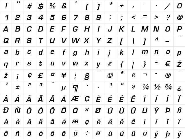 Eurostile LT Bold Italic  glyph index