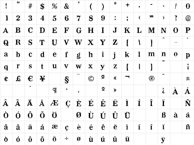 WichitaAntique Bold  glyph index