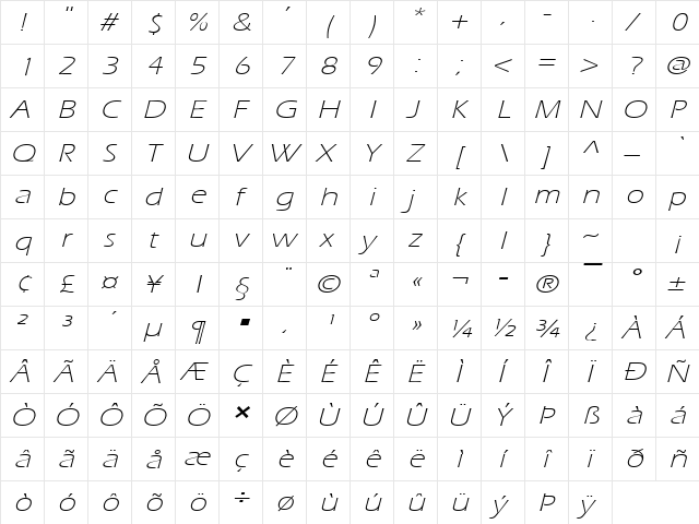 Eric Lite Extended Italic  glyph index