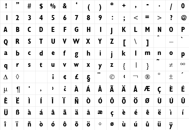 GibsonCond Bold  glyph index