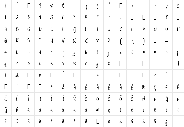 LimehouseScript Regular  glyph index