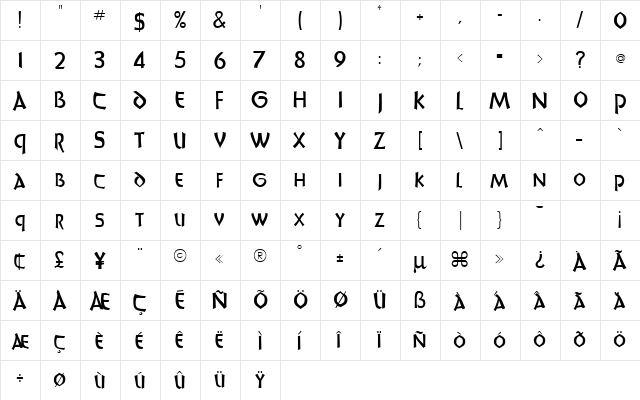 Desperado 1 Regular  glyph index