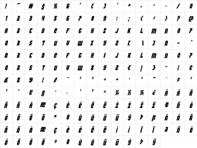 Warrior Nation Academy Italic Italic  glyph index