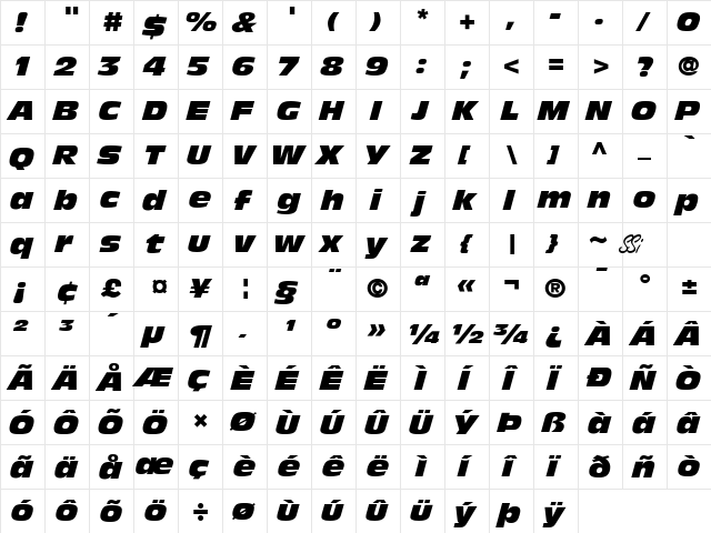 Decade Black SSi Extra Black Italic  glyph index