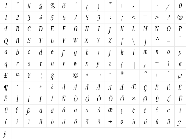 BoberiaLL Italic Regular  glyph index