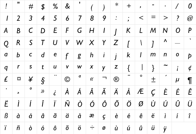 Gentle SansBookItalic  glyph index