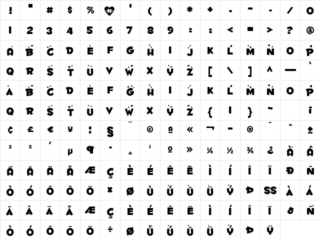 Fontdinerdotcom Luvable Regular  glyph index