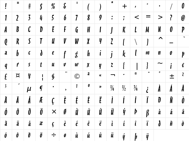 Scarborough ITC Bold  glyph index