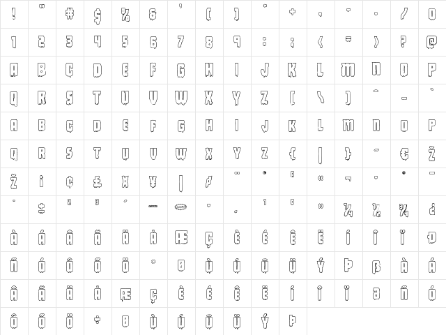 Deathblood Outline Regular  glyph index
