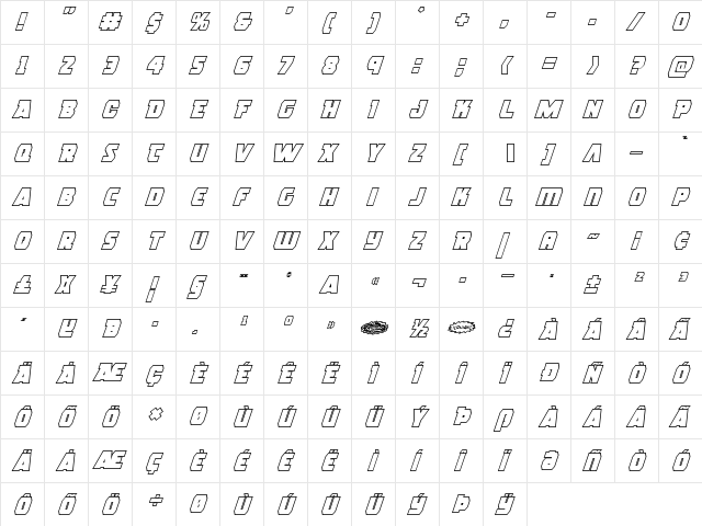 Rogue Hero Outline Italic Outline Italic  glyph index