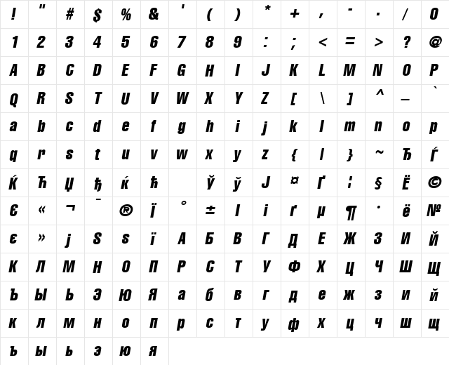 AGLettericaCompressed Oblique  glyph index