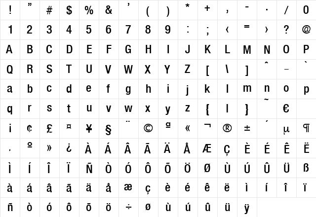 Olnova-DemiBoldCond Regular  glyph index