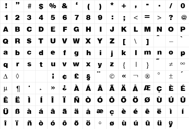 HegelBlack Regular  glyph index