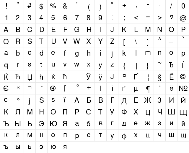 NimbusSanLCY Regular  glyph index