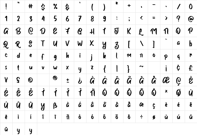 Oise Leliord Regular  glyph index