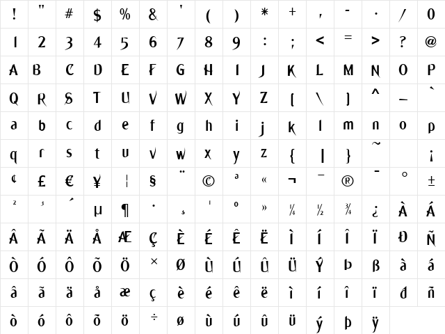 Ming Regular  glyph index