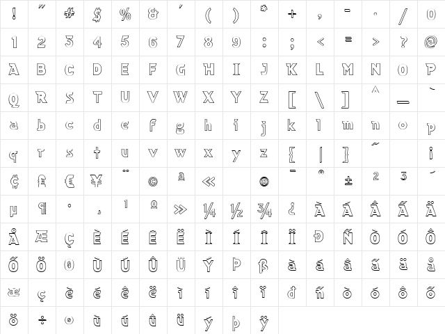 CubanOutline Regular  glyph index