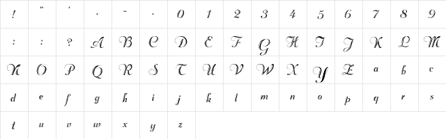 Beachman-Script Regular  glyph index