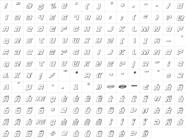 Defcon Zero Outline Italic Outline Italic  glyph index