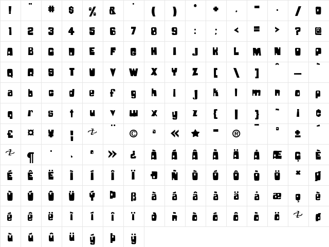 Boochie Regular  glyph index