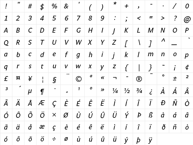 Legato TF Regular Italic  glyph index